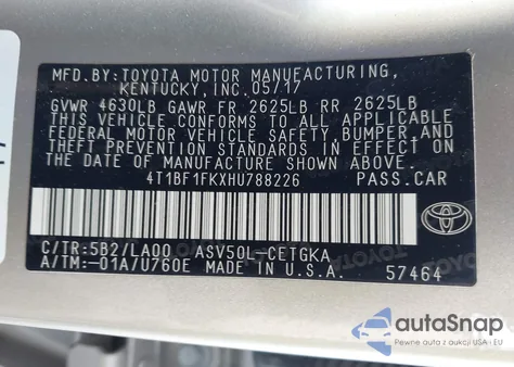 2017 Toyota Camry Xle from USA, damaged, VIN 4T1BF1FKXHU788226
